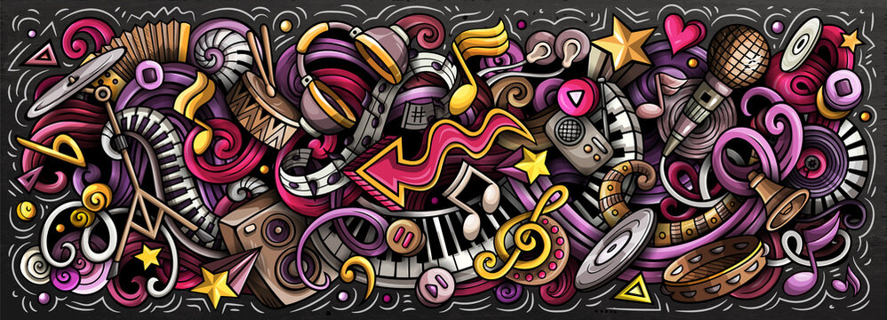Music hand drawn cartoon doodles illustration. Colorful raster banner