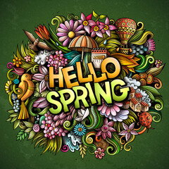 Hello Spring hand drawn cartoon doodles illustration. Funny seasonal design.