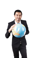 A young business man holding terrestrial globe