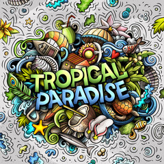 Tropical paradise hand drawn cartoon doodles illustration. Funny seasonal design