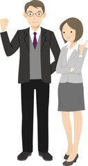 A man in a suit and a guts pose and a woman pointing a finger