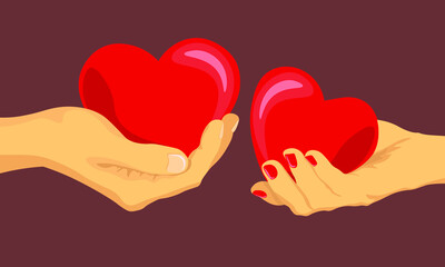 beautiful human hands hold red hearts. Valentine's day card. Vector illustration