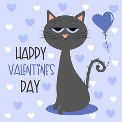 Happy Valentine's Day - cute bored cat with air ballon, and hearts. Good for Greeting card, poster, textile print, mug, and other gifts design.