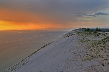 Landscape at twilight of sand dune and waters of Lake Michigan, Sleeping Bear Dunes National Lakeshore, Michigan, USA