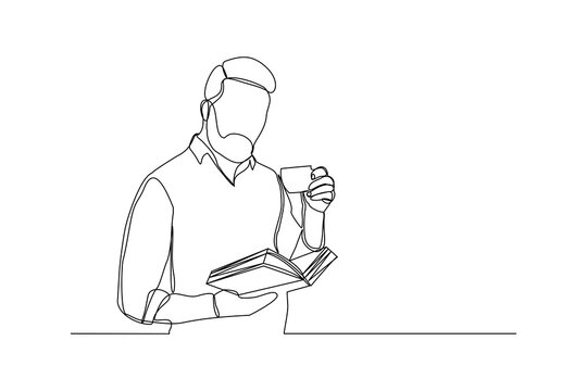 continuous line drawing of business man reading book and drinking cup of coffee. Single one line art of worker lifestyle. Vector illustration