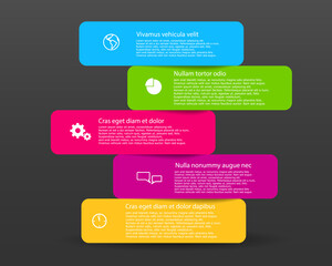 Vector five steps infographic with color icons and place for text on dark gray background