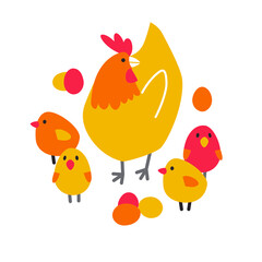 Vector doodle illustration with hens, chickens and chicken eggs. Chicken mom with chicks children for Easter, invitation, cards
