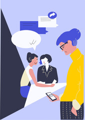 Flat vector illustration of problematic situation in office. Two female colleagues bully young employee and send hurtful gossip. Person struggle with bad relationship in professional team at work