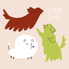 Vector doodle illustration with cute little dogs. Set with pets for decor, invitation, cards