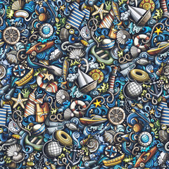 Cartoon cute doodles hand drawn Marine seamless pattern.