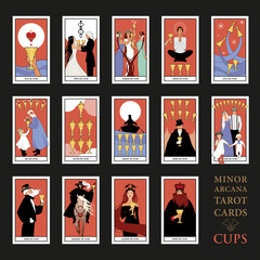 Minor Arcana Tarot cards. Cups From Ace to the figures of the Court. JPG High resolution. - obrazy, fototapety, plakaty