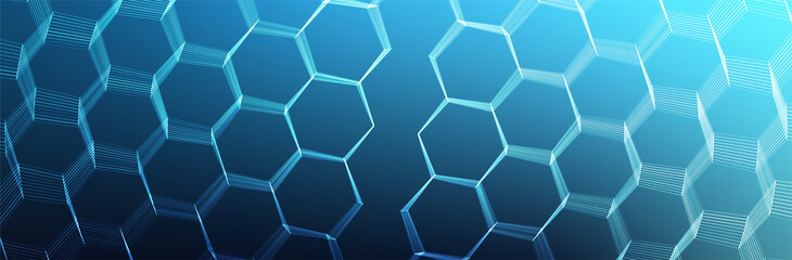 Obraz na płótnie Canvas Motion Hexagon background. Blue gradient backdrop. Speed effect. Thin line Honeycomb pattern. Vector illustration