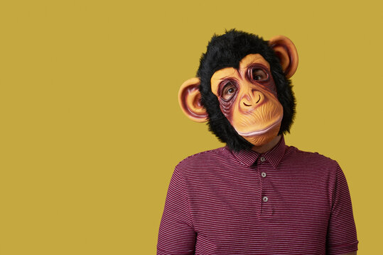 man wearing a monkey mask on a yellow