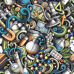 Science hand drawn raster doodles seamless pattern.