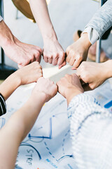 Vertical image of hand for work together concept, Hand stack for business and service, Volunteer or teamwork togetherness, Concept connection of charity. Group of happy people or team participation.