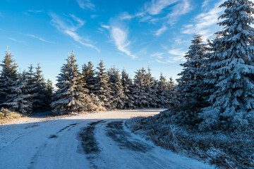 Snow covered curving road with frozen spruce trees around and blue sky