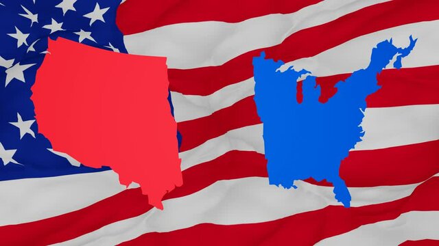 Divided America conceptual 3d rendering motion animation. North America map dividing half.