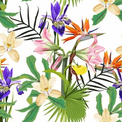 Seamless pattern with many kind of flowers and exotic tropical leaves.	