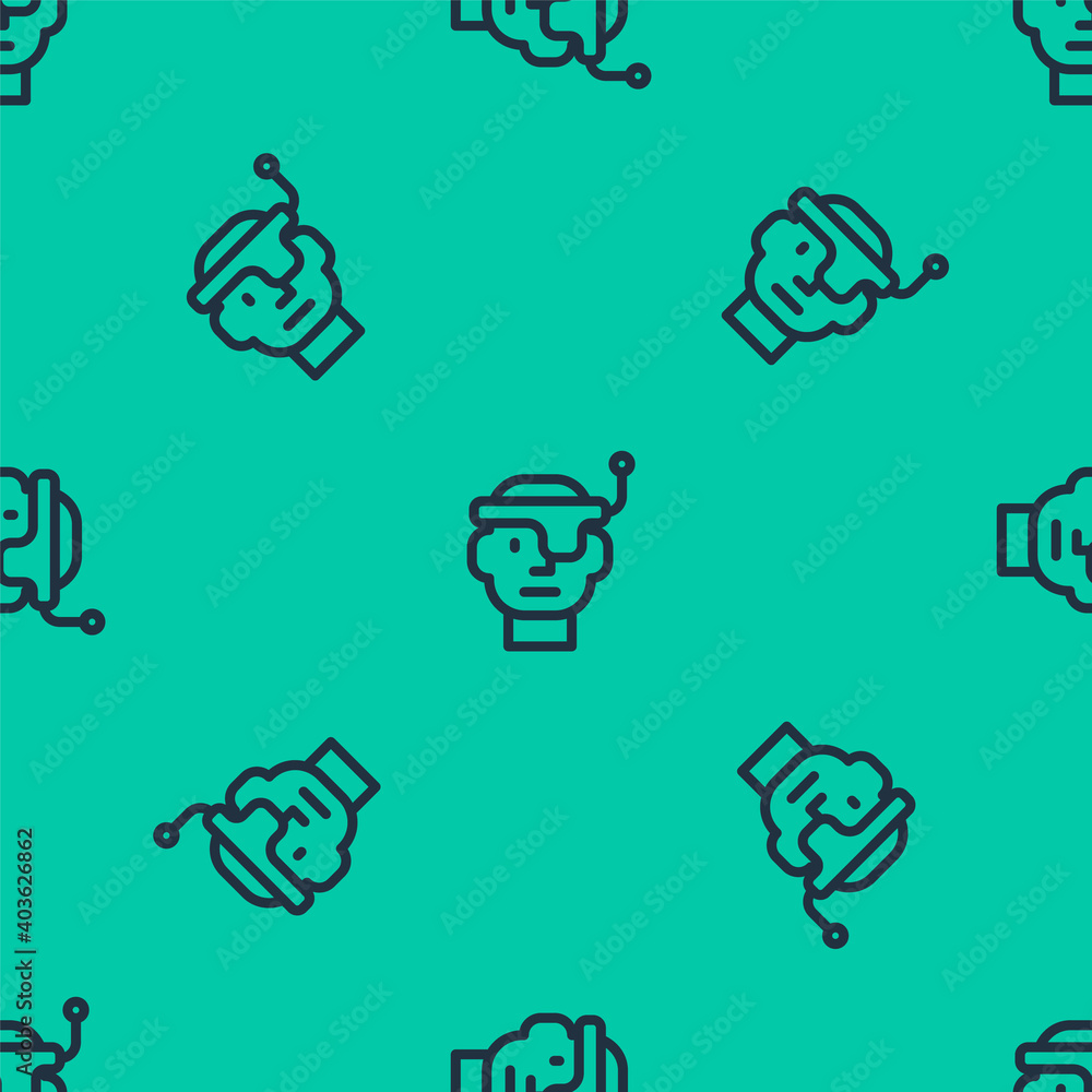 Poster blue line smart glasses mounted on spectacles icon isolated seamless pattern on green background. we