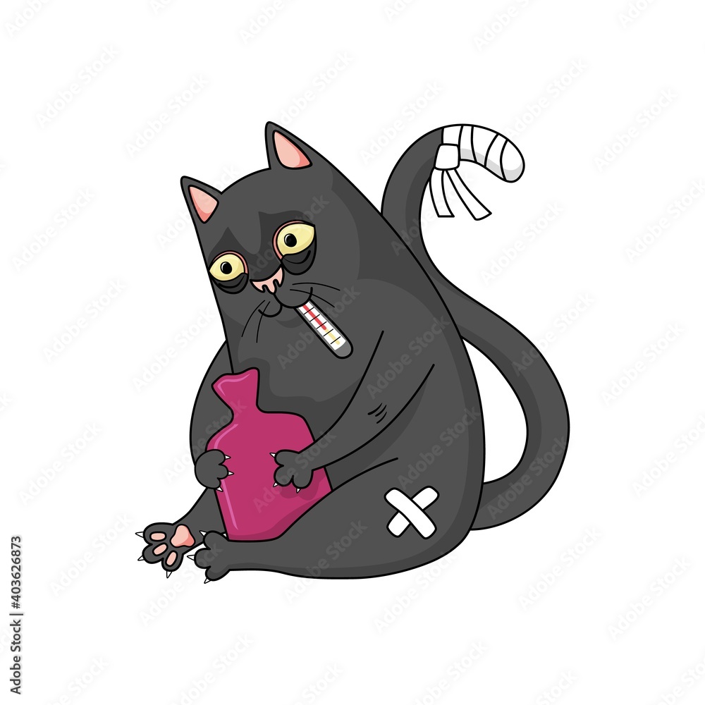 Wall mural Vector black cat is very sick with rewound tail. Hot water bottle, high temperature, patch. Poor ill kitten. Character design