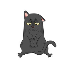 Cartoon vector sad black cat. Funny character isolated on white background