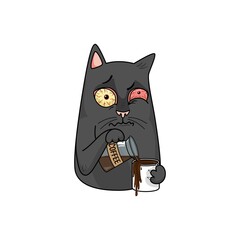 Vector black cat drinks coffee and spills past the mug. Lack of sleep, insomnia, stress, red eyes. Funny character design 