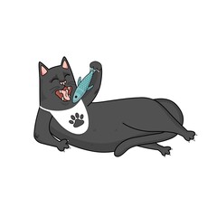 Cartoon vector black cat eats the fish,  gluttony. Flat character design isolated on white background