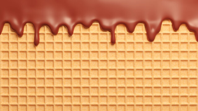 Brown melted chocolate flowing down on waffle. 3D rendered image.