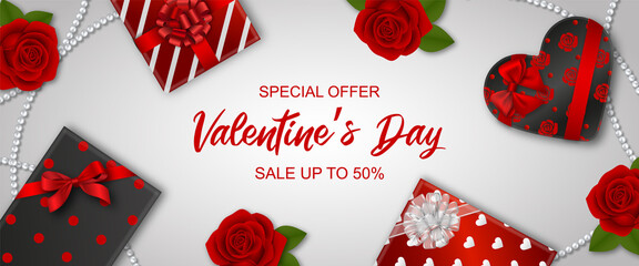 valentine's day sale banner with gift boxes and red roses