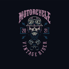 Vintage rider skull t shirt graphic design, hand drawn line style with digital color, vector illustration