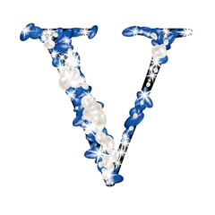 Capital letter V of the alphabet is decorated with jewelry and pearls. Precious blue and white pearls - 403627656
