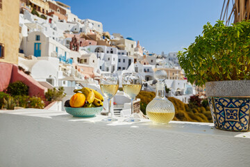 Wine and fruit for two on Santorini