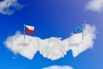 Cloud shape of the EU and the Czech shake hands on blue sky.