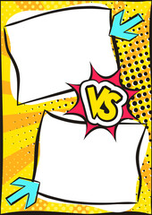 Vs comics book collision frames with cartoon text speech bubbles and stars. Lightning on halftone stripes background. Comic magazine funny poster. Vector illustration in pop art style