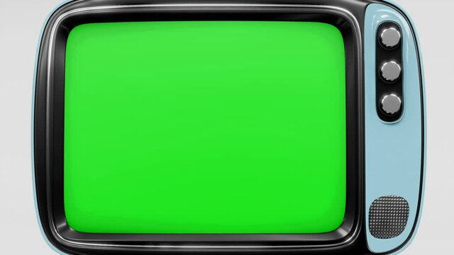 Retro tv falling from above and switching on with realistic kinescope effect - green screen. smooth camera zoom in and physics. Alpha matte included