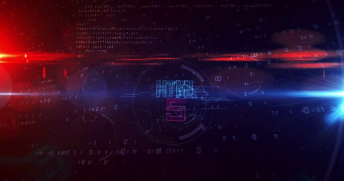 HTML5 coding symbol, development, code, computer language and programming technology. Futuristic abstract loop concept. 3d rendering tunnel loopable and seamless animation.