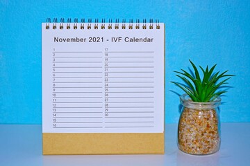 Fototapeta na wymiar November 2021 IVF calendar with blue background and potted plant