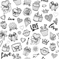 Valentine love sketch pattern. Vector heart engraved background. Doodle seamless illustration. Valentine s day romantic wallpaper. Fashion cute set with candy, chocolate strawberry, gift box, kiss