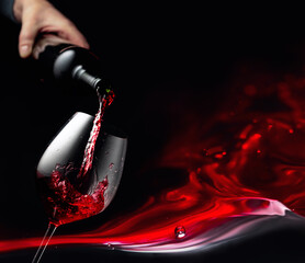 Pouring red wine in a glass goblet.