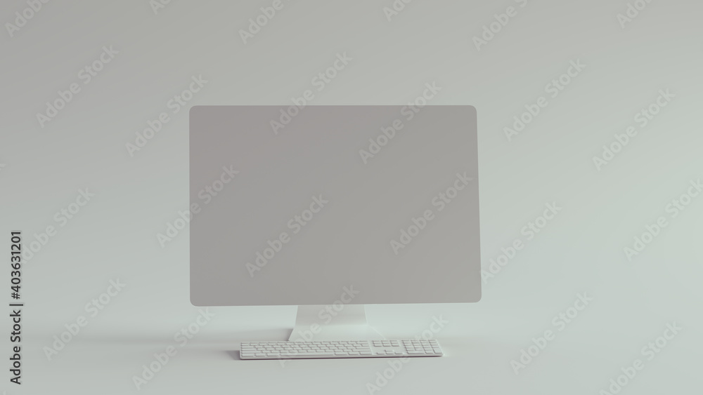 Poster white desktop computer and slim keyboard 3d illustration render