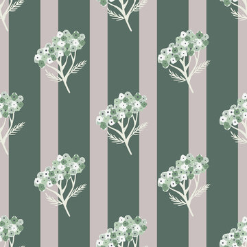 Botany seamless pattern with maedow yarrow flower silhouettes print. Striped backround.