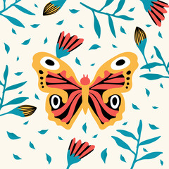 Tropical butterflies. A variety of insects fly near flowers. Doodle picture of soaring, colored, antennae, winged in nature. Illustration for a spring or summer poster. Vector illustration