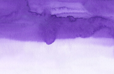 Watercolor violet and white soft background texture. Stains on paper. Aquarelle purple ombre backdrop.