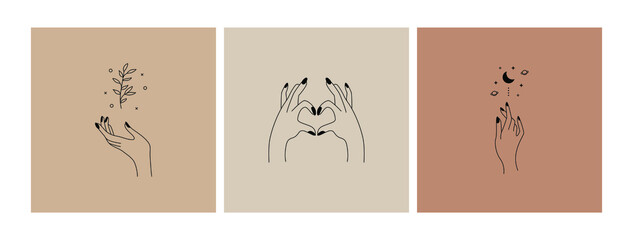 Abstract female hands logo. Hand drawn boho feminine fingers with flower, moon, heart shape. Linear vector illustration