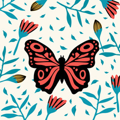 Exotic black and red butterfly. A variety of flying insects with flowers. Doodle picture of soaring, colored, antennae, winged in nature. Illustration for a spring or summer poster. Vector