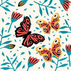 Fototapeta na wymiar A family of exotic butterflies. A variety of flying insects with flowers. Doodle picture of soaring, colored, antennae, winged in nature. Illustration for a spring or summer poster. Vector