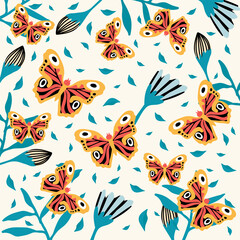 Fototapeta premium Beautiful butterflies on flowers. A variety of insects fly. Doodle picture of soaring, colored, antennae, winged in nature. For your exotic spring or summer poster design. Vector illustration