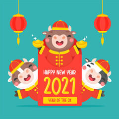 Happy Chinese New Year 2021. Cow in red envelope. For giving yuan money to children