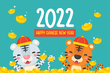 Happy chinese new year 2022 Cartoon tiger holding gold blessing chinese new year.