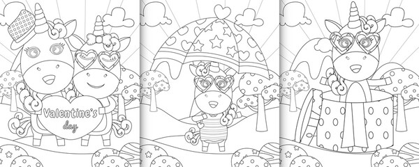 coloring book with cute unicorn characters themed valentine day